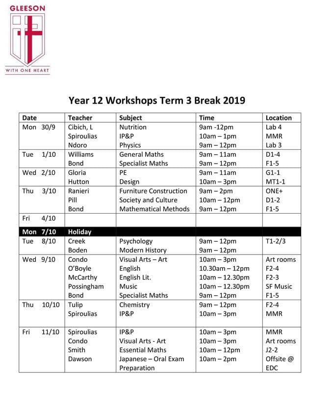 YEAR 12 WORKSHOPS > Term 3 School Holidays 2019 YEAR 12 WORKSHOPS > Term 3 School Holidays 2019